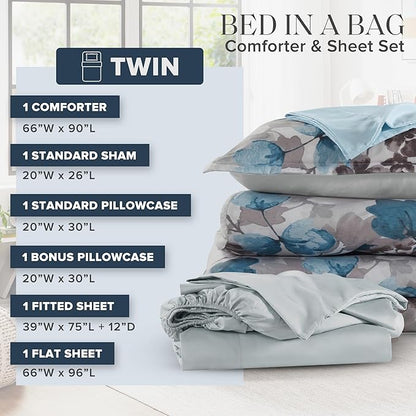 Madison Park Twin Comforter Set with Sheets, Floral Bed in A Bag Soft Microfiber Comforter for Twin-Size Bed, All Season Lightweight Comforters Twin Bed Set, Alexis, 6 Piece Blue