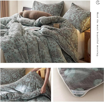 MKXI Double Layer Muslin Cotton Comforter Set Full Size Leopard Print Shabby Chic Bedding Comforter Set Soft Breathable Grey and Green Floral Animal Cheetah Lightweight Bed Comforter for All Season
