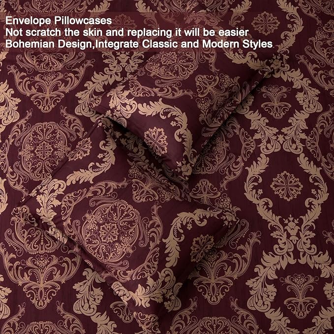 WONGS BEDDING Burgundy Comforter Set Full Size, Maroon Damask Texture 7 Pieces Bed in a Bag Microfiber Comforter Bedding Sets -1 Comforter, 1 Flat Sheet, 1 Fitted Sheet, 2 Pillow Shams,2 Pillowcases