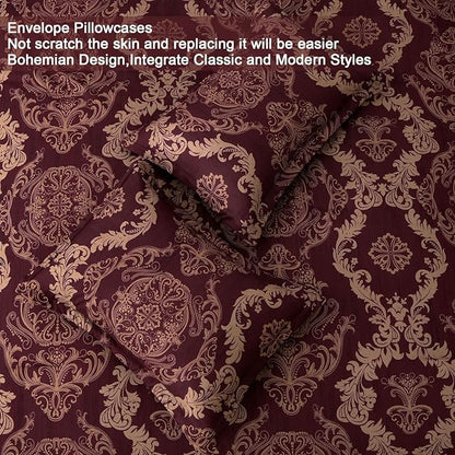 WONGS BEDDING Burgundy Comforter Set Full Size, Maroon Damask Texture 7 Pieces Bed in a Bag Microfiber Comforter Bedding Sets -1 Comforter, 1 Flat Sheet, 1 Fitted Sheet, 2 Pillow Shams,2 Pillowcases