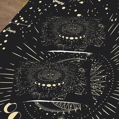 Tailor Shop Sun and Moon Bedding Set Twin for Girls Boys Kids Teens Bedroom Decor, 3D Print Boho Exotic Black Gray Comforter Set Twin Bedding with 1 Matching Pillowcase