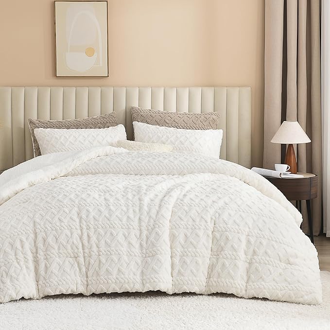 Andency Fluffy Sherpa Full Comforter Set, Super Soft White Fleece Warm Bedding for Winter, Luxury Jacquard Boho Thick Fuzzy Plush Bed Set 3 Pieces(1 Shaggy Comforter, 2 Pillowcases)