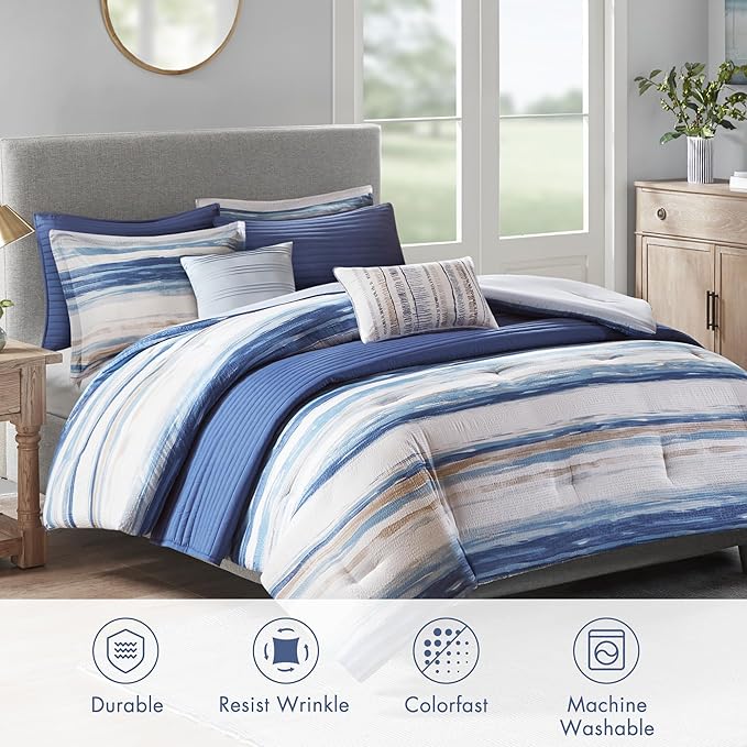 Madison Park Marina Comforter Quilt Combo Set - Modern Luxury Design, All Season Down Alternative Bedding, Matching Shams, Decorative Pillows, Full/Queen(90"x90"), Seersucker Blue 8 Piece