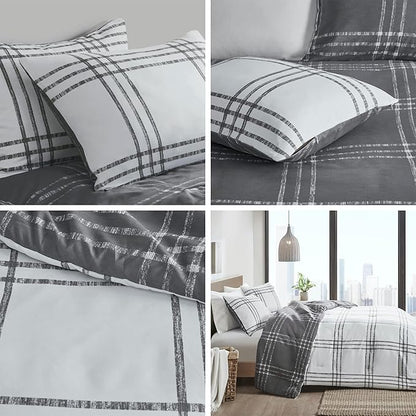 Intelligent Design Pike Reversible Comforter Set, Cottage Plaid Print, Modern Cabin Lifestyle, Down Alternative, All Season Bedding with Matching Sham, Twin/Twin XL White/Grey 2 Piece