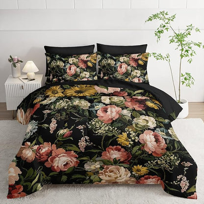 Black Floral Comforter Set Full Colorful Floral Bedding Sets 7PCS,Light Colorful Flower Bedding Set 7 Piece in A Bag,Bed Sheet Set Flower Decor,Microfiber Ultra-Soft Lightweight Microfiber