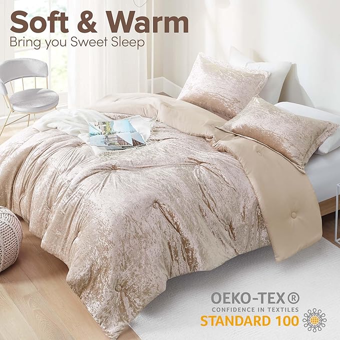 Comfort Spaces Luxe King Comforter Set - Velvet Comforters for King Size Bed, Microfiber Reverse, Juliette, All Season Bedding, Fluffy Bed Set, Sham, Champagne 3 Piece