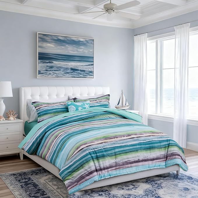 Holawakaka Beach Stripe Bedding Sets 6 Pieces, Aqua Coastal Striped Comforter Set Queen Size All Season Geometric Bed Set, Nautical Bed in a Bag with Comforter, Sheets and Shams