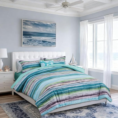Holawakaka Beach Stripe Bedding Sets 6 Pieces, Aqua Coastal Striped Comforter Set Queen Size All Season Geometric Bed Set, Nautical Bed in a Bag with Comforter, Sheets and Shams