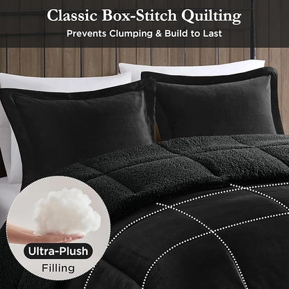 Woolrich Reversible Comforter Set Ultra Soft Plush to Sherpa, Down Alternative, Cold Weather Winter Warm Bedding, with Matching Sham, Decorative Pillow Black/Black King 4 Piece