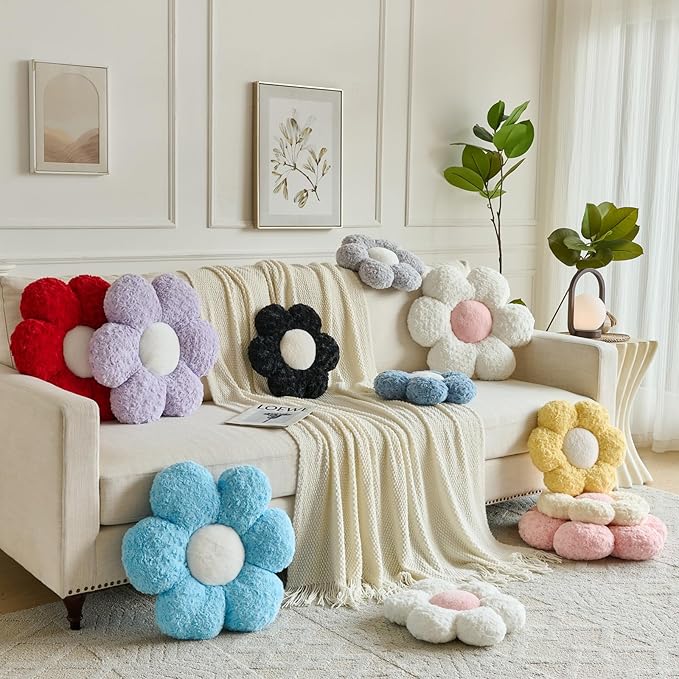 Flower Pillows, Decorative Throw Pillow with Soft Plush for Couch, Flower Shaped Pillow Home Decor Daisy Pillow for Bed (Grey Blue, 14.9 Inches)