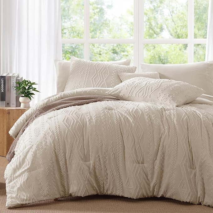 King Size Comforter Set Beige, Tufted Boho Bedding Farmhouse Bed Set, All Season 7 Pieces Bed in a Bag with Sheets, Pillowcases & Shams