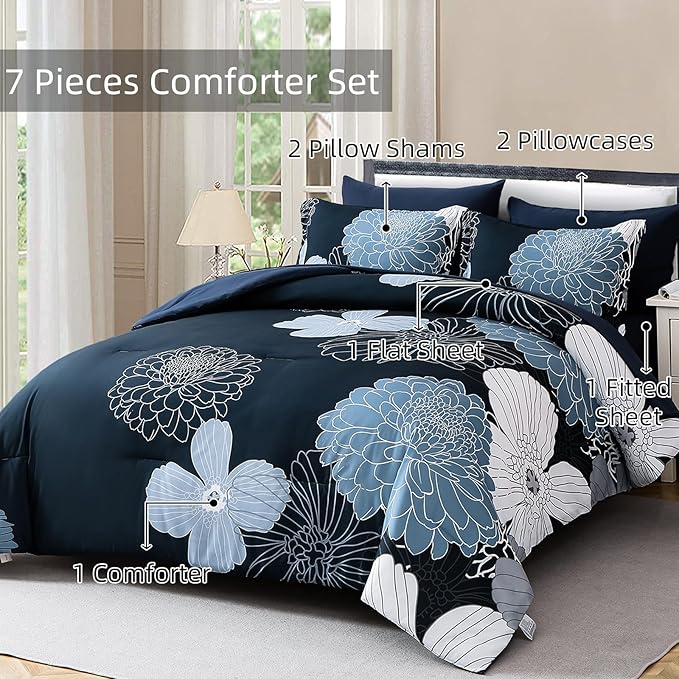 Yiran Navy Blue Floral Boho Comforter Set King Size 7 Pieces Bed in a Bag Flowers Soft Microfiber Bedding Set(1 Comforter 1 Flat Sheet 1 Fitted Sheet 2 Pillowshams 2 Pillowcases)