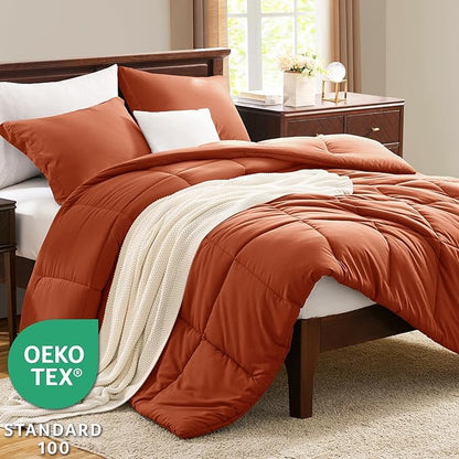 CozyLux Queen Size Comforter Sets Terracotta - 3 Pieces Burnt Orange Box Stitched Queen Bed Set for All Seasons, Soft Lightweight Bedding Sets with 1 Down Alternative Comforter and 2 Pillow Shams