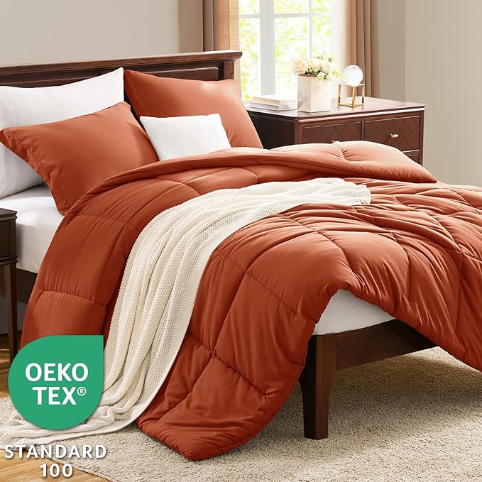 CozyLux Full Size Comforter Sets - Burnt Orange Comforter, 3 Pieces Terracotta Box Stitched Bed Set for All Seasons, Soft Bedding Sets with 1 Down Alternative Comforter and 2 Pillow Shams