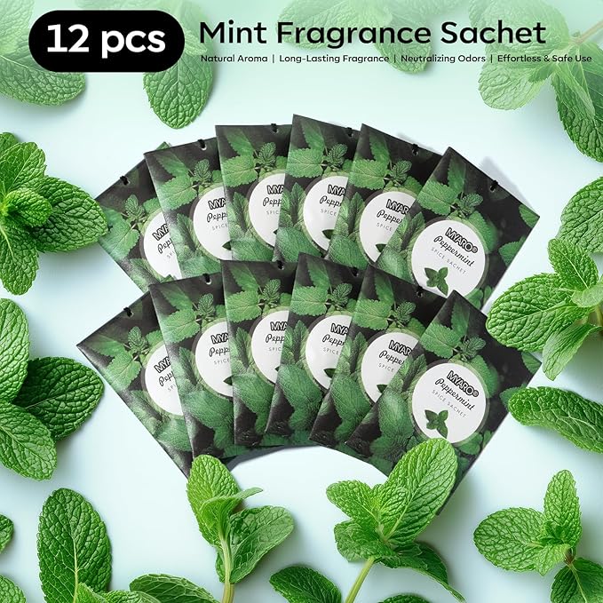 MYARO 12 Pack Peppermint Scented Sachets for Drawer, Closet & Car | Invigorating Odor Eliminator & Air Freshener Bags | Crisp, Cool Mint Fragrance for Shoes, Gym Bag & Home
