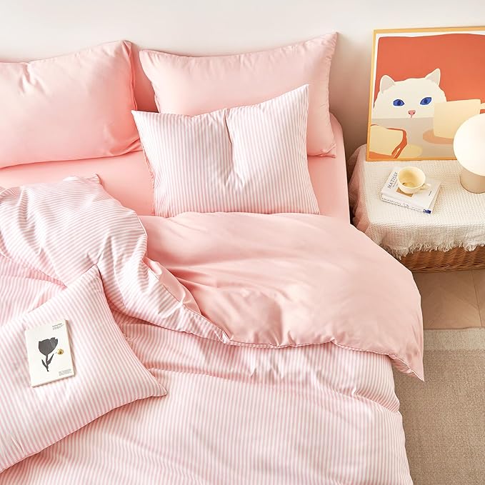 Wake In Cloud - Striped Comforter Set with Sheets, Ticking Stripe Vertical Pinstripe Neutral Farmhouse Pattern Printed, 7 Pieces Bed in a Bag, Pink White, Full Size
