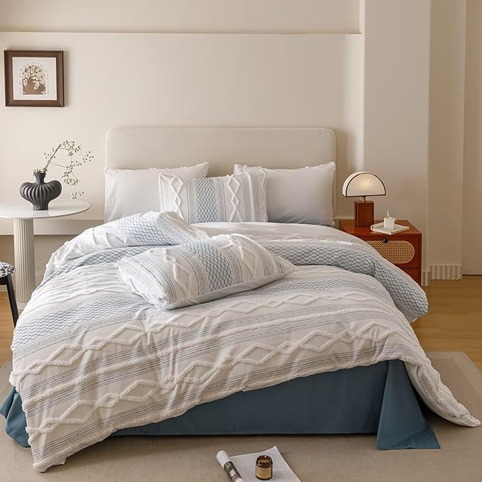 Houseri Tufted Blue Comforter Set Queen Jacquard Bedding Shabby Chic Farmhouse Bed Sets Queen