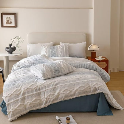 Houseri Tufted Blue Comforter Set King Jacquard Bedding Shabby Chic Farmhouse Bed Sets King
