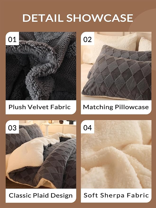 Tufted Fleece Comforter Set Queen - Super Soft Warm Fluffy Shaggy Bedding Sets, Diamond Plaid Jacquard Bed Set for Winter, 1 Sherpa Comforter with 2 Pillow Cases (90"X90" Grey)