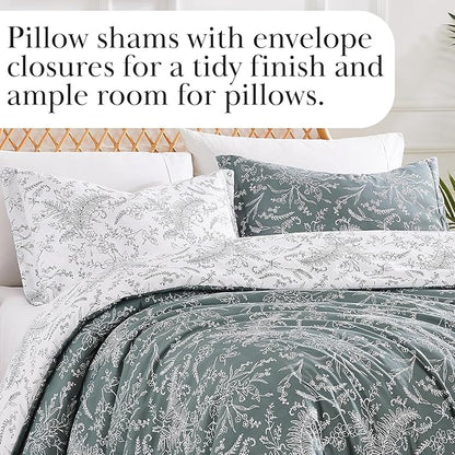 Southshore Fine Living, Inc. Comforter Set Queen Size, Hotel Quality Bedding, Floral Bed Spread with Matching Shams, Reversible Print is 2 Colors in 1, Fits Queen & Full Beds, Winter Brush Green/White