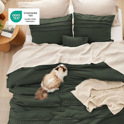 Bedsure King Comforter Set - 4 Pieces Pinch Pleat Bed Set, Olive Green Boho Bedding for All Season, 1 Soft Comforter, 2 Pillowcases, 1 Decorative Pillow
