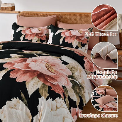 Dobuyly California King Comforter Set 7 Piece Bed in a Bag, Pink Floral Printed on Black Comforter Set with Sheets, Soft Microfiber Botanical Cal King Bedding Set for All Season