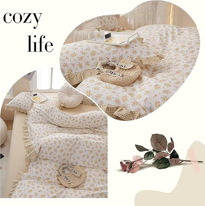 MKXI Full Size Pink & Yellow Floral Ruffled Comforter Set - 3 Piece Cottagecore Style Reversible Bed Set with Beige Plaid Pattern, Soft Aesthetic Bedding Set for Girls Wome