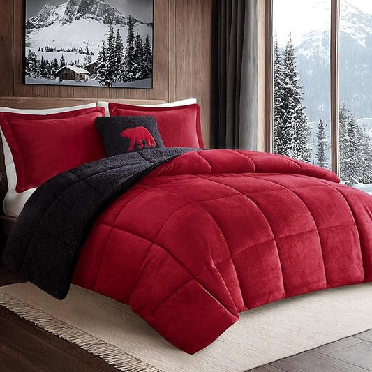 Woolrich Reversible Comforter Set Ultra Soft Plush to Sherpa, Down Alternative, Cold Weather Winter Warm Bedding, with Matching Sham, Decorative Pillow Red/Black Full/Queen 4 Piece