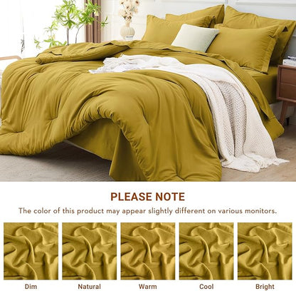 MUXHOMO 7 Pieces Queen Comforter Set, Soft Bed in a Bag Queen Size, All Season Bedding Set with Comforter, Flat Sheet, Fitted Sheet, Pillowcases & Shams, Mustard Yellow