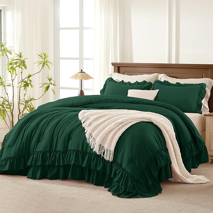 Andency Dark Emerald Green Comforter Set Oversized Queen, Lightweight Fluffy Ruffle Bedding Set 3 Pieces (1 Comforter 2 Pillowcases), Soft Farmhouse Bed Set for All Season