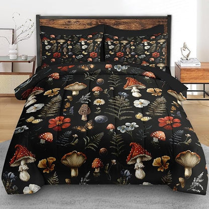Comforter Set Queen Size, Woodland Mushroom 7 Pcs Bedding for Kids and Adults, Fern Plants Botanical Bed Sheet Sets with Fitted Sheet 2 Pillowcases & 2 Shams for Bedroom Bed Decor
