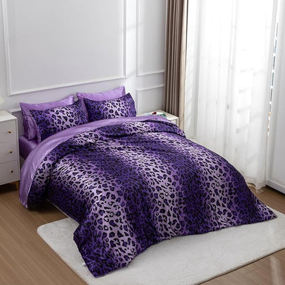 A Nice Night Leopard Printed，Satin Silky Soft Quilt Sexy Luxury Super Soft Microfiber Comforter Quilt Bedding Comforter Set Full/Queen, Light Weighted (Purple, Queen(88-by-88-inches))