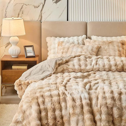 Twin Faux Rabbit Fur Comforter Set - 3 Pieces Fluffy Bedding Set Ultra Soft Warm Shaggy Winter Flannel Bed Set, Luxury Skin Friendly Sherpa Comforter Set & Pillow for Thanksgiving Tie Dye Coffee
