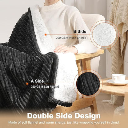 Electric Blanket Twin Heated Blanket 62"x84" Striped Flannel & Thick Sherpa, 5 Heat Settings & 10 Hour Auto Off with FCC/ETL Certified, Overheat Protection & Machine Washable, Charcoal Grey