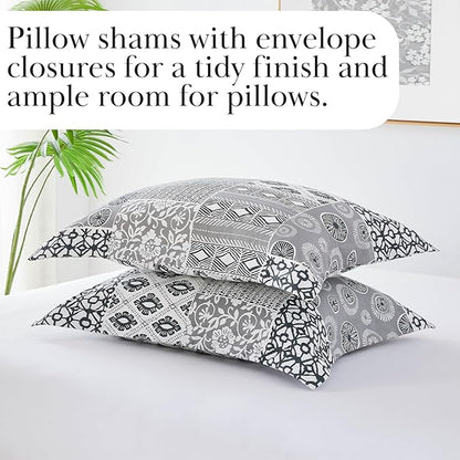 Southshore Fine Living, Inc. Twin Comforter Set with One Pillow Sham, Reversible Bedding Set - Global Patchwork Quilt - Alternative Down Comforter for Twin/XL Mattress, Soft Microfiber, Grey & White
