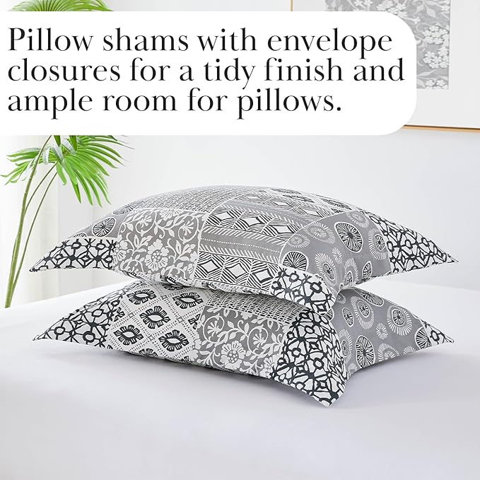 Southshore Fine Living, Inc. Full/Queen Size Comforter Set with Pillow Shams, Reversible Global Patchwork Quilt is 2 Colors in 1 - Alternative Down Comforter for Queen/Full Mattress, Grey & White