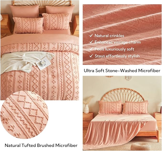 MR&HM Twin XL Comforter Set Coral Pink, 5 Pieces Tufted Boho Beddding Sets, Farmhouse Style Bed in a Bag with 1 Comforter, 1 Pillow Sham, 1 Pillowcase, 1 Flat Sheet, 1 Fitted Sheet for College Dorm