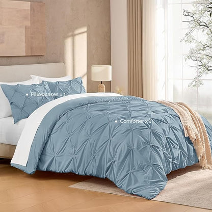 Andency Grayish Blue Pinch Pleat Comforter Twin(66x90Inch), All Season 2 Pieces(1 Pintuck Comforter, 1 Pillowcase) Microfiber Pintuck Comforter Sets Down Alternative Comforter Bedding Set