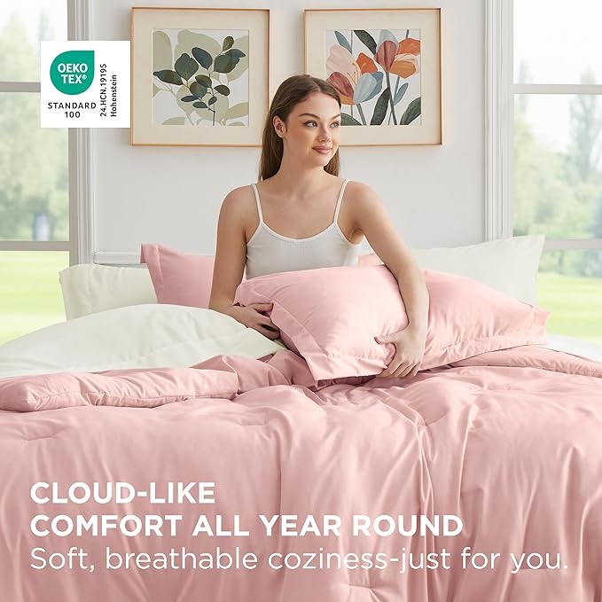 Bedsure King Size Comforter Set - 7 Pieces Pink King Bedding Set for All Seasons, Boho Contrasting Design Bed in a Bag with Comforter, Sheets, Pillowcases & Shams