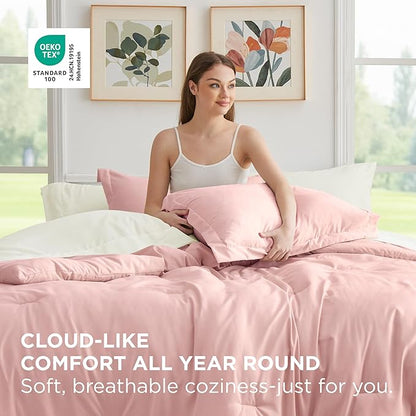 Bedsure King Size Comforter Set - 7 Pieces Pink King Bedding Set for All Seasons, Boho Contrasting Design Bed in a Bag with Comforter, Sheets, Pillowcases & Shams