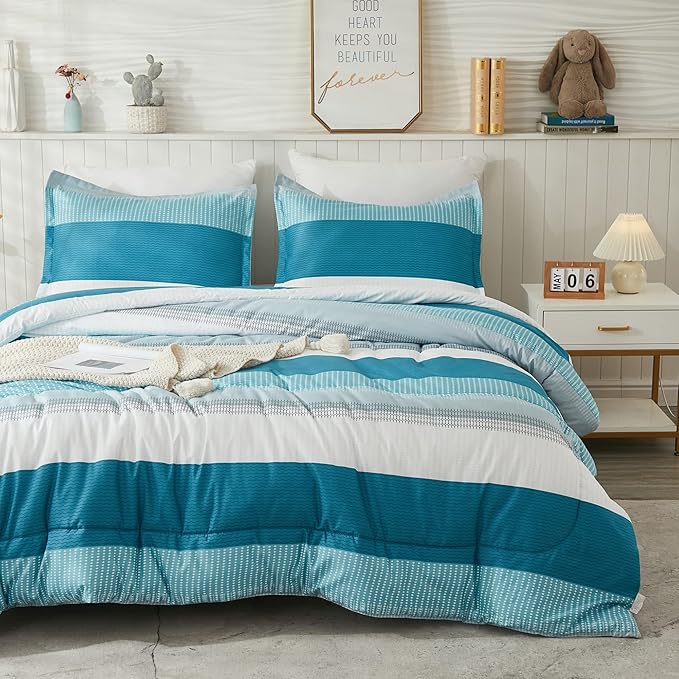 Litanika Teal California King Comforter Set - 3 Pieces Turquoise Cal King Oversized Lightweight Summer Colorblock Stripe Bedding Set (104x96In, 2 Pillowcases)