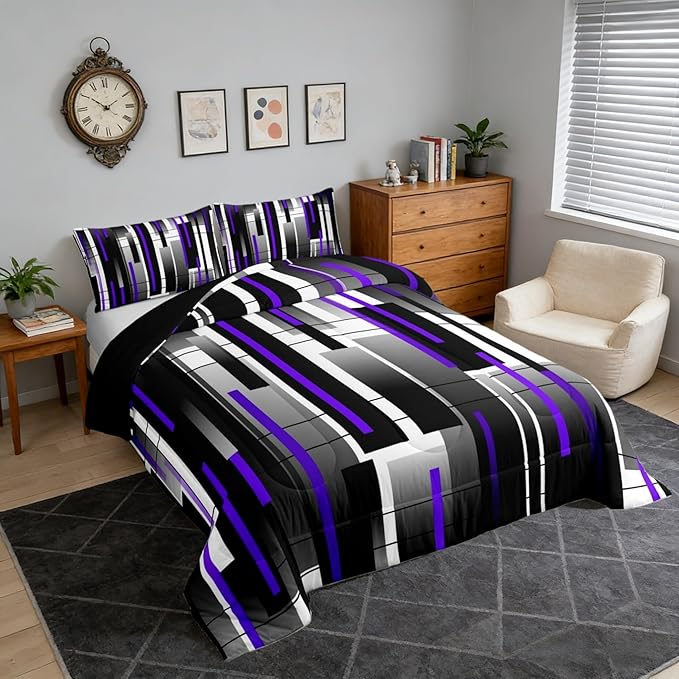 Castle Fairy Abstract Comforter Set,Black Purple White Bedding Set for Kids Girls Women,Adults Modern Simple Comforter,Square Grid Quilted Duvet Set Bedroom Collection Twin Size 2Pcs