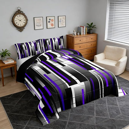Castle Fairy Abstract Comforter Set,Black Purple White Bedding Set for Kids Girls Women,Adults Modern Simple Comforter,Square Grid Quilted Duvet Set Bedroom Collection Twin Size 2Pcs