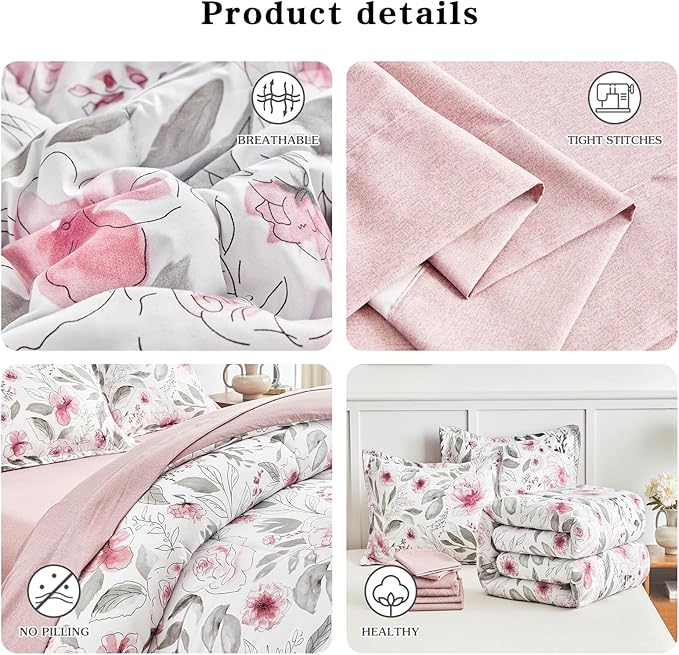 Flysheep Floral Bed in a Bag King Size 7 Pieces, Blush Pink and Grey Elegant Flowers Comforter Bedding Set for All Season (1 Comforter, 1 Flat Sheet, 1 Fitted Sheet, 2 Pillow Shams and 2 Pillowcases)