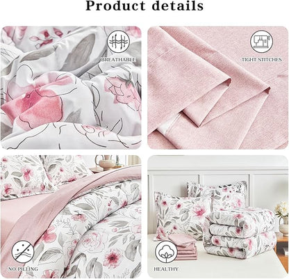Flysheep Floral Bed in a Bag Queen Size 7 Pieces, Blush Pink and Grey Elegant Flowers Comforter Bedding Set for Women (1 Comforter, 1 Flat Sheet, 1 Fitted Sheet, 2 Pillow Shams and 2 Pillowcases)