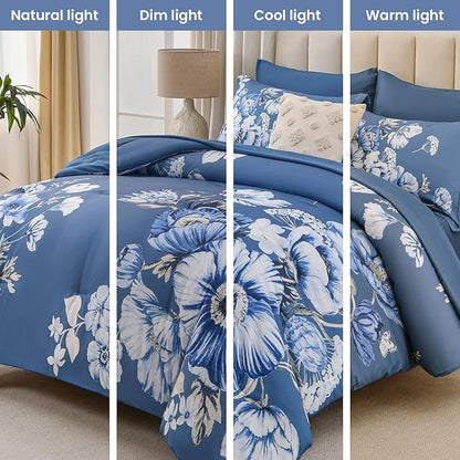 King Size Comforter Set - 7 Pieces Floral Comforter and Sheet Set, Blue King Size Bed in a Bag, Soft Microfiber Flower Complete Bedding Set for All Seasons（Blue,104"x90"）