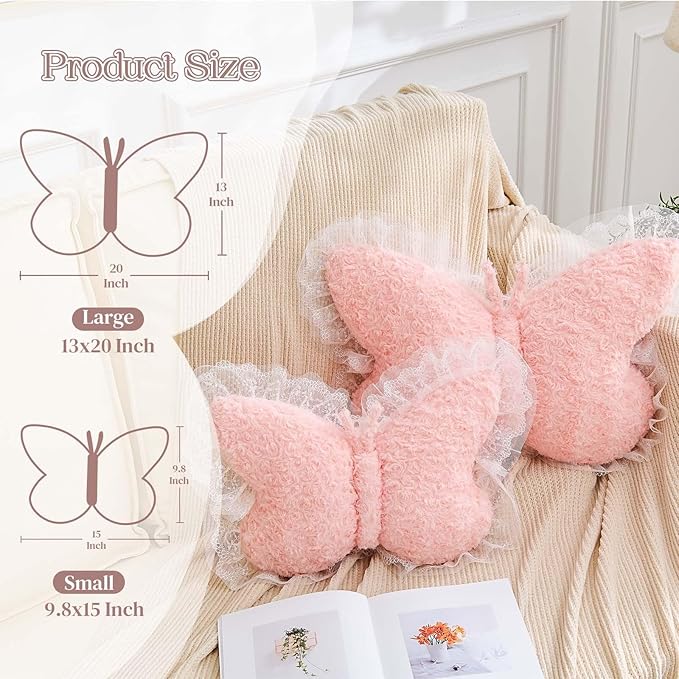 Butterfly Pillow Pink Decorative Pillows 20" Butterfly Shaped Cute Throw Pillows with Lace Aesthetic Bow Plush Cushion for Room Decor Bed Sofa Couch