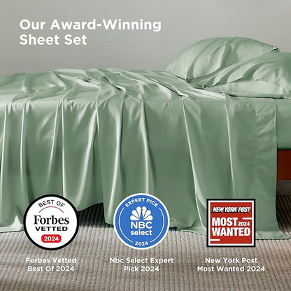 Bedsure Queen Sheet Set, Rayon Derived from Bamboo, Cooling Sheets, Breathable & Soft, Deep Pocket Up to 16 Inches, Hotel Luxury Silky Bedding for Hot Sleepers, Sage Green