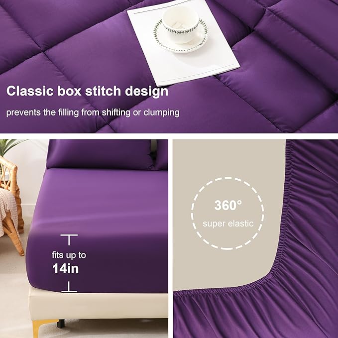 DOWNCOOL Full Size Comforter Sets, 7Pcs Full Size Bedding Sets Dark Purple, All Season Down Alternative Bedding Comforter Sets with Comforter, Flat Sheet, Fitted Sheet, 2 Pillow Shams & 2 Pillowcases