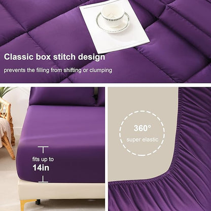 DOWNCOOL Full Size Comforter Sets, 7Pcs Full Size Bedding Sets Dark Purple, All Season Down Alternative Bedding Comforter Sets with Comforter, Flat Sheet, Fitted Sheet, 2 Pillow Shams & 2 Pillowcases